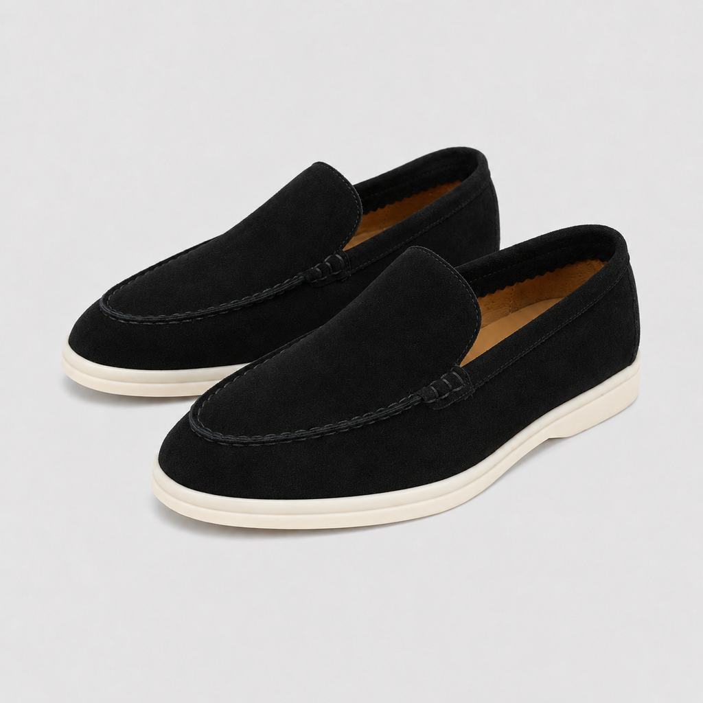 Men's Leather Flat Loafers Smart Walking Shoes Black Canvas