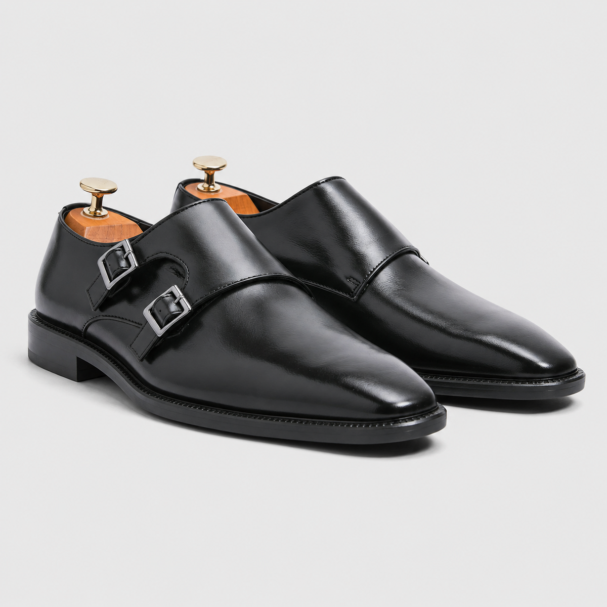 Men's Leather Pointed Toe Monk Strap Shoes Black Canvas
