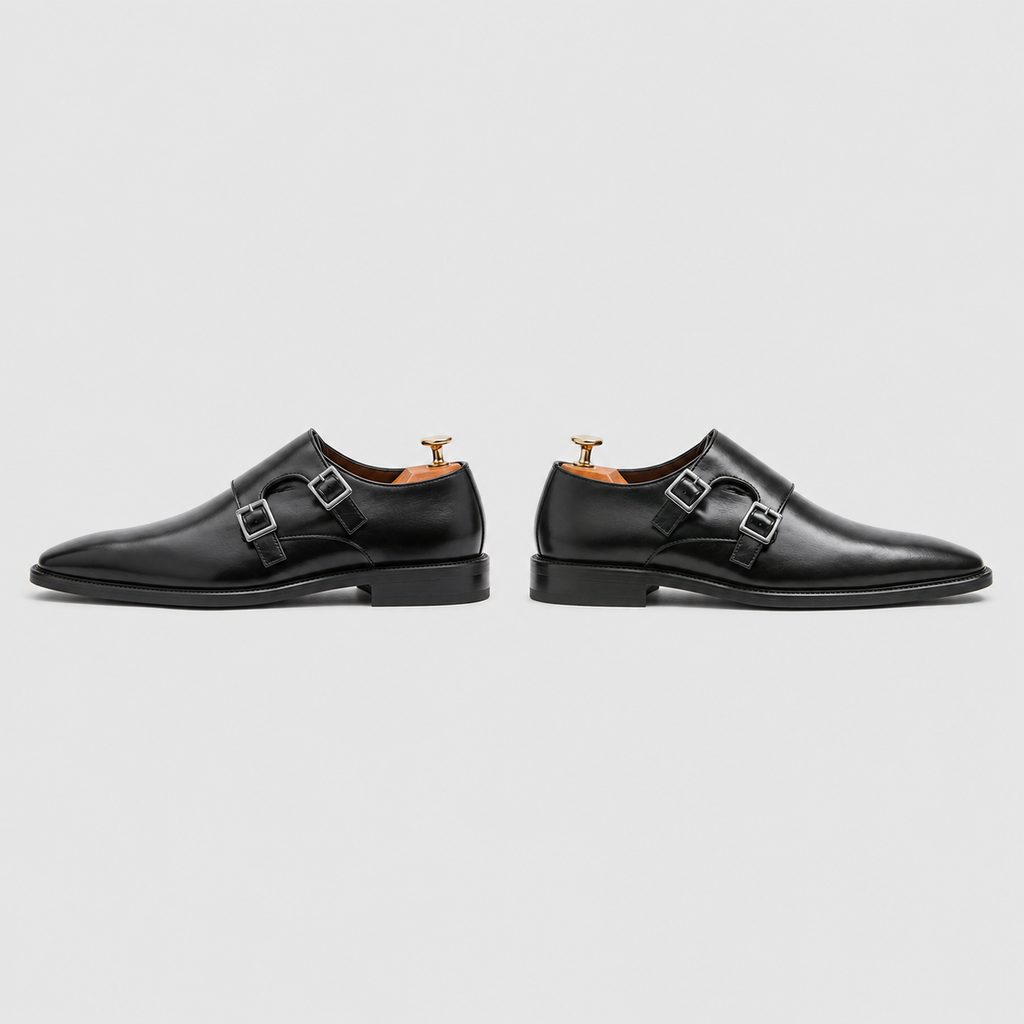 Men's Leather Pointed Toe Monk Strap Shoes Black Canvas