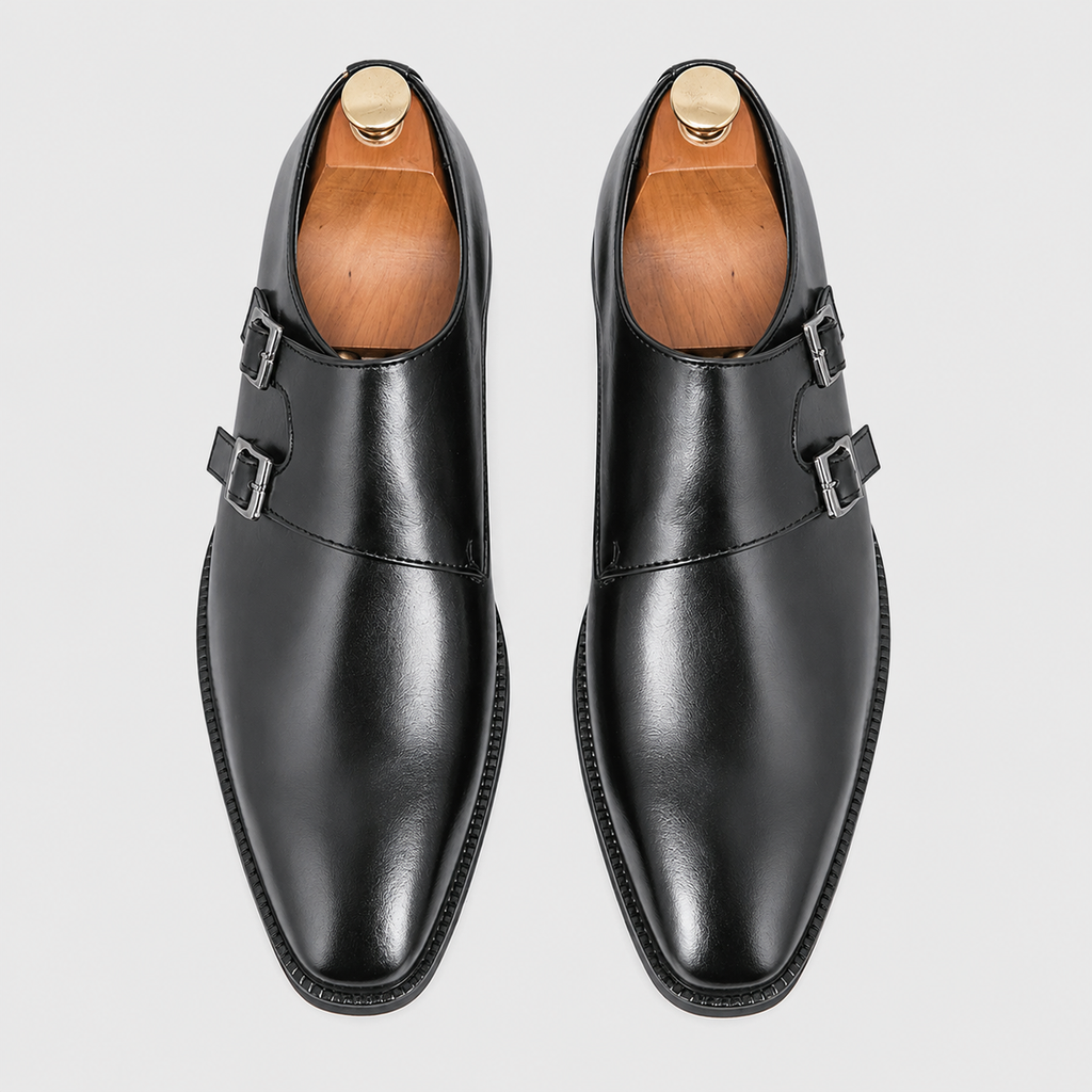 Men's Leather Pointed Toe Monk Strap Shoes Black Canvas