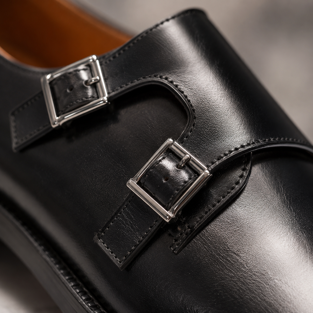 Men's Leather Pointed Toe Monk Strap Shoes Black Canvas