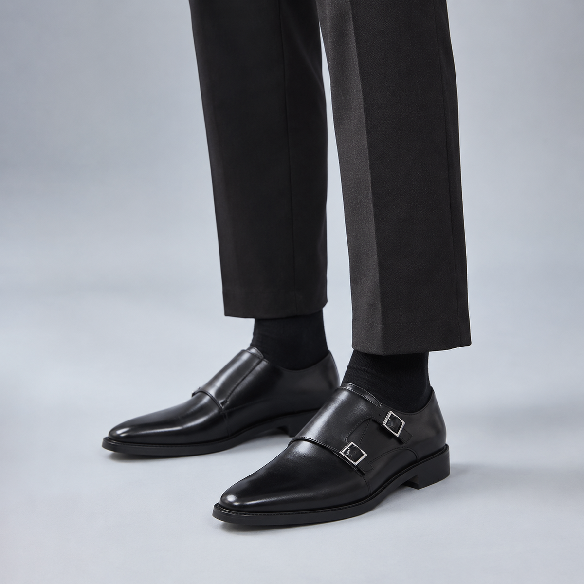Men's Leather Pointed Toe Monk Strap Shoes Black Canvas