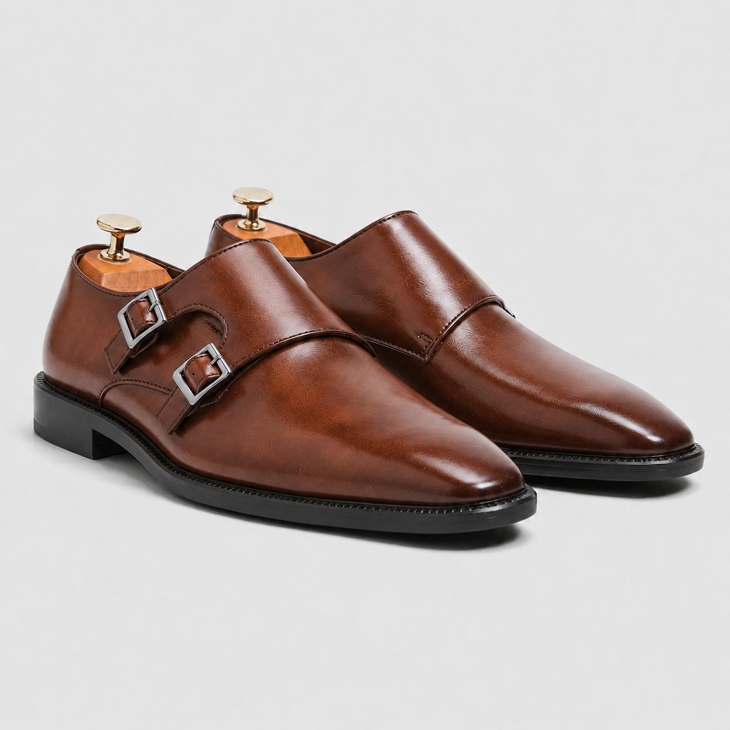 Men's Leather Pointed Toe Monk Strap Shoes Black Canvas
