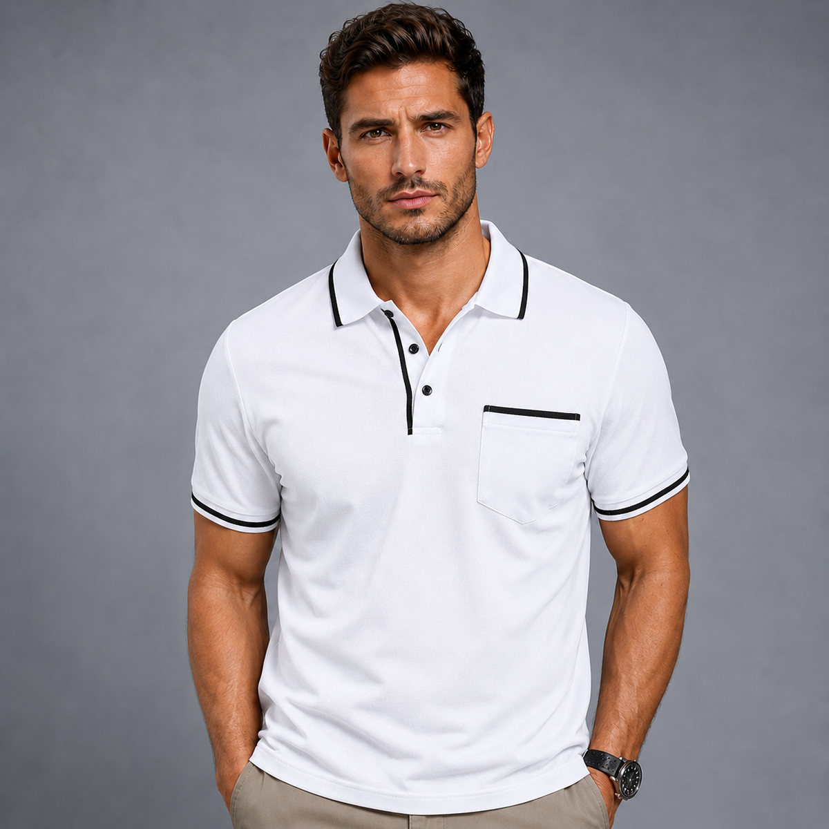 Men's Lightweight Loose Button-Down Polo Shirt Black Canvas