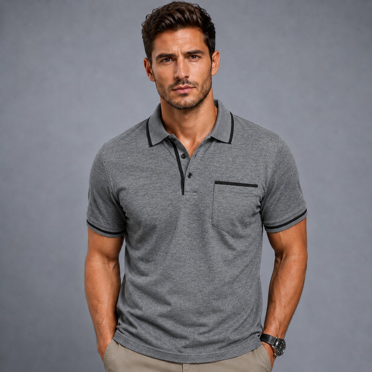 Men's Lightweight Loose Button-Down Polo Shirt Black Canvas