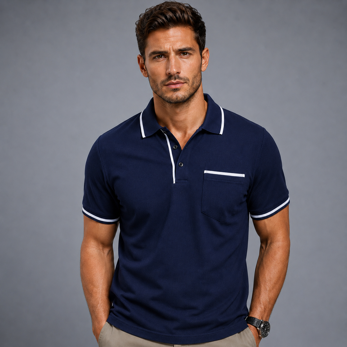 Men's Lightweight Loose Button-Down Polo Shirt Black Canvas