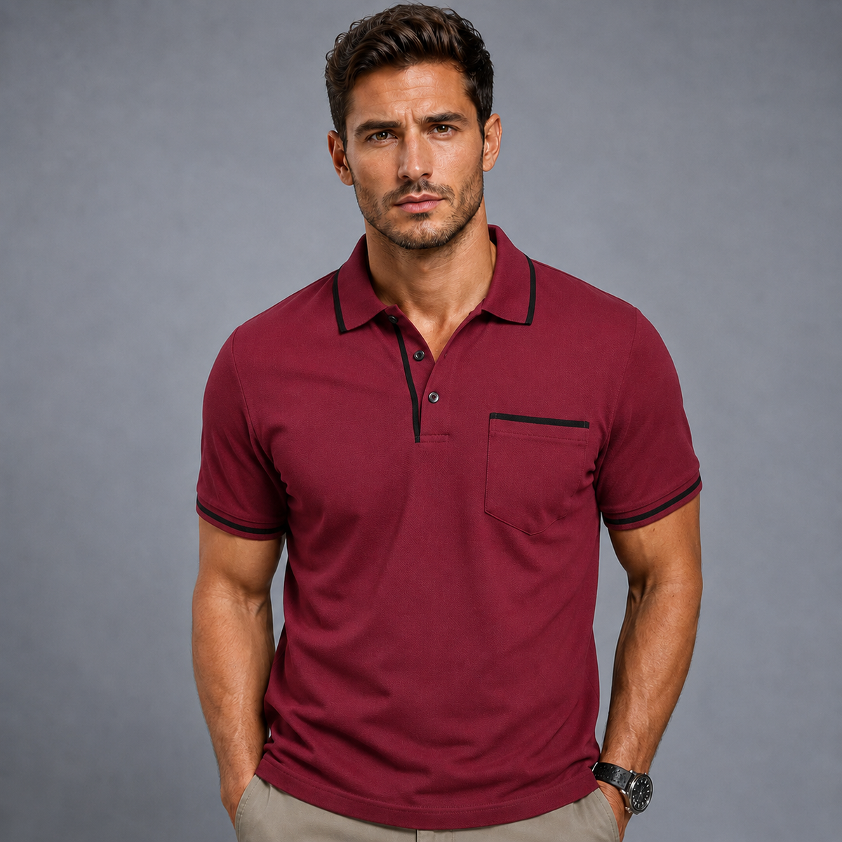Men's Lightweight Loose Button-Down Polo Shirt Black Canvas