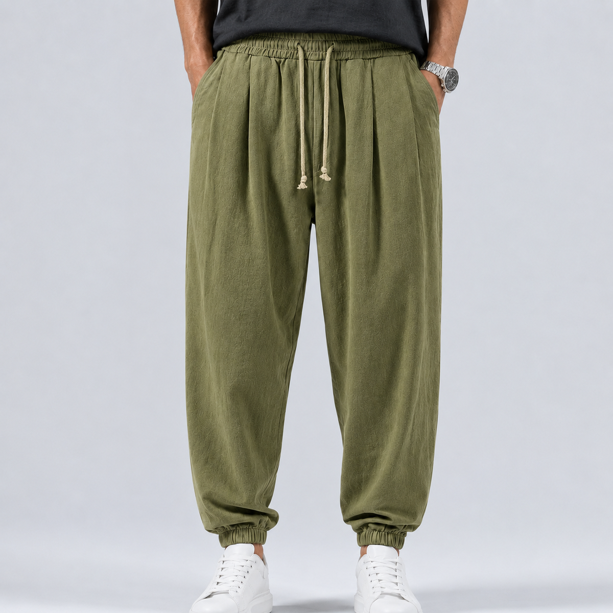 Men's Linen Cotton Drawstring Harem Trousers Black Canvas