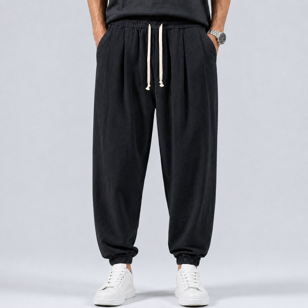 Men's Linen Cotton Drawstring Harem Trousers Black Canvas