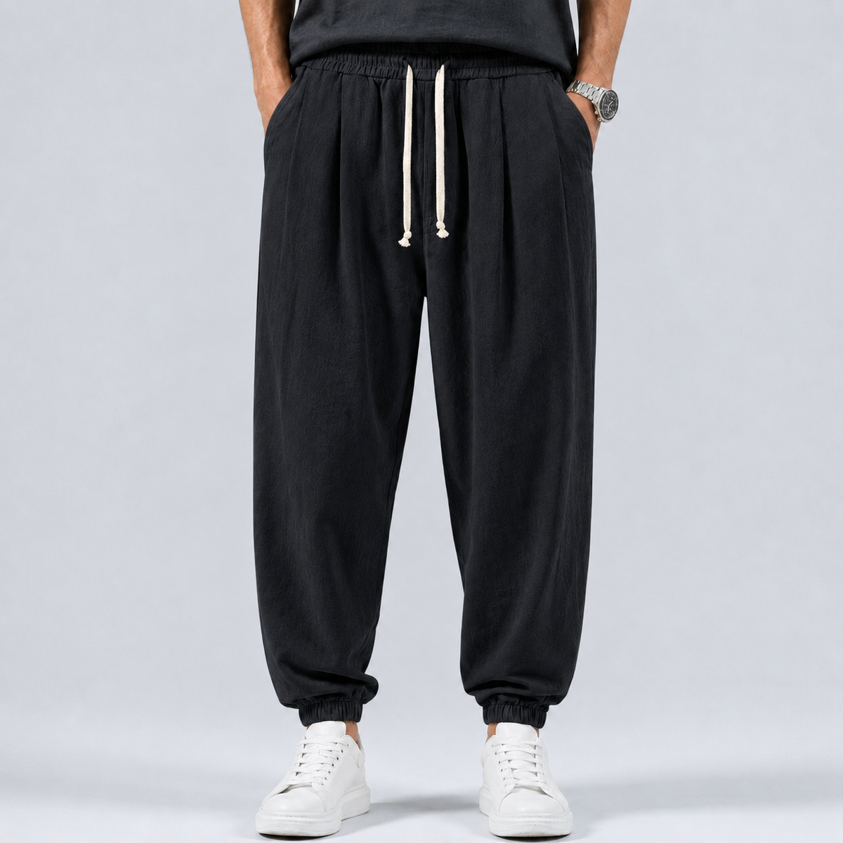 Men's Linen Cotton Drawstring Harem Trousers Black Canvas