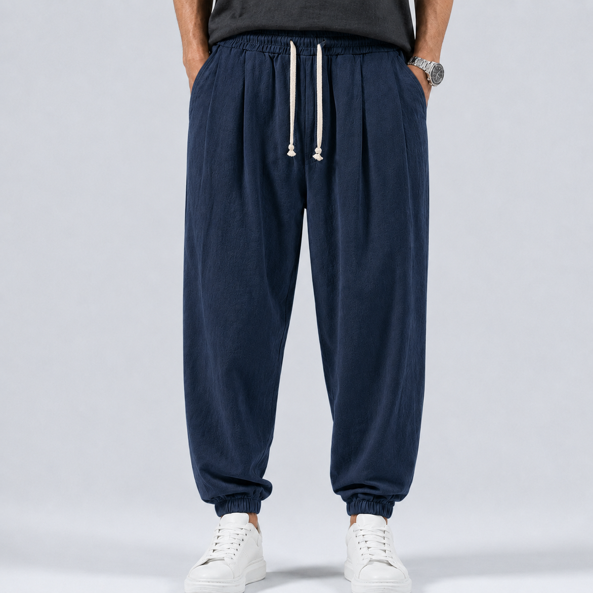 Men's Linen Cotton Drawstring Harem Trousers Black Canvas