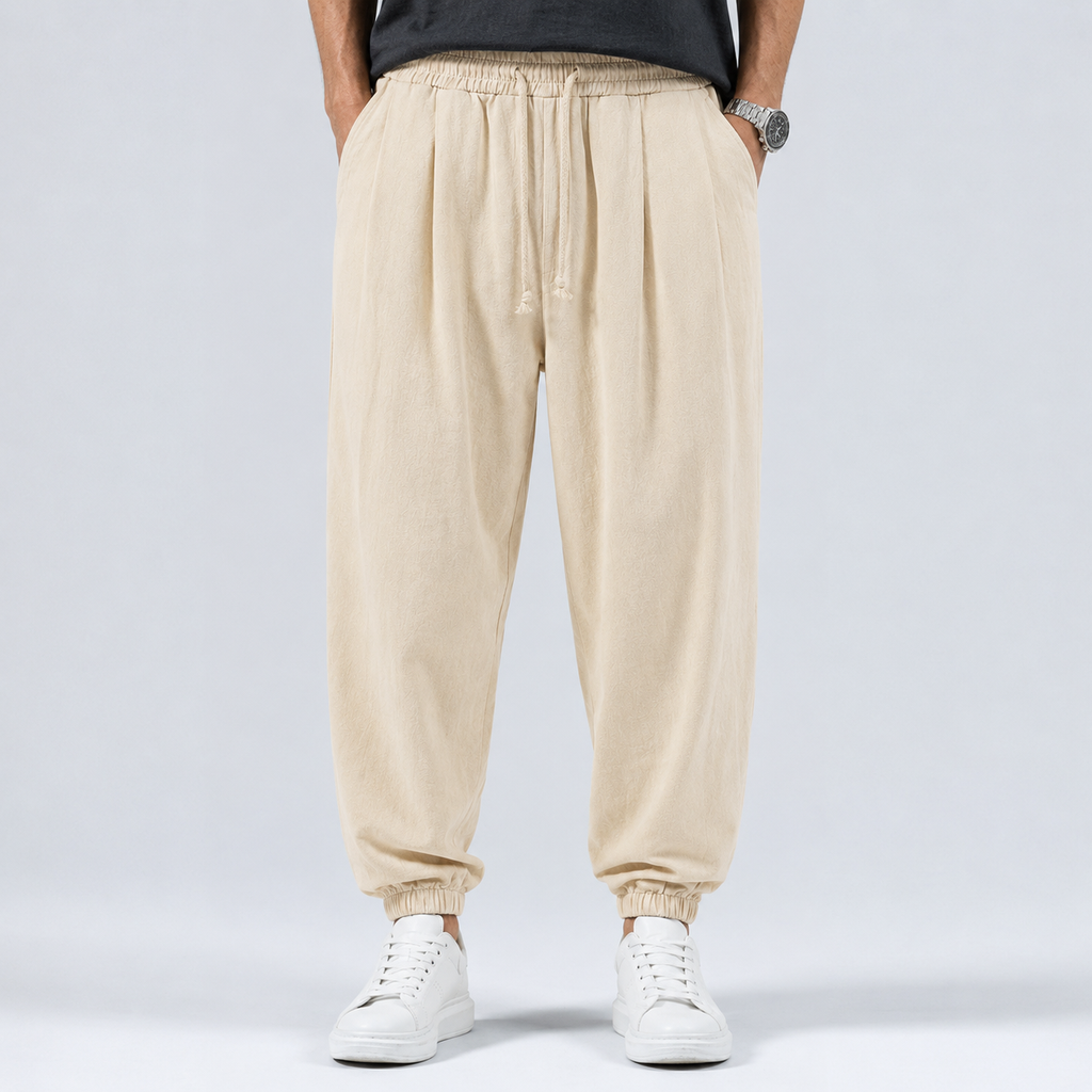 Men's Linen Cotton Drawstring Harem Trousers Black Canvas