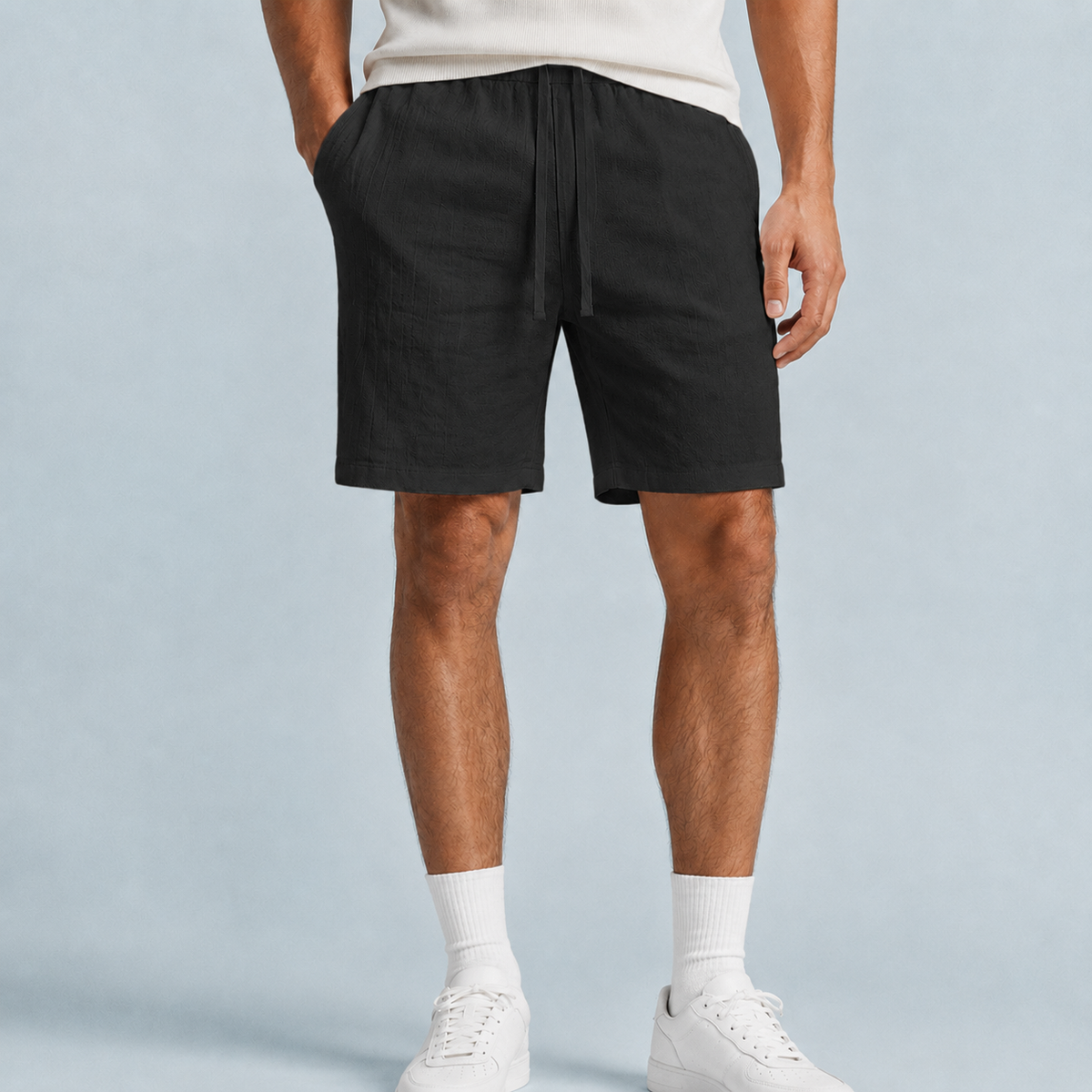 Men's Linen Drawstring Shorts Relaxed Fit Black Canvas