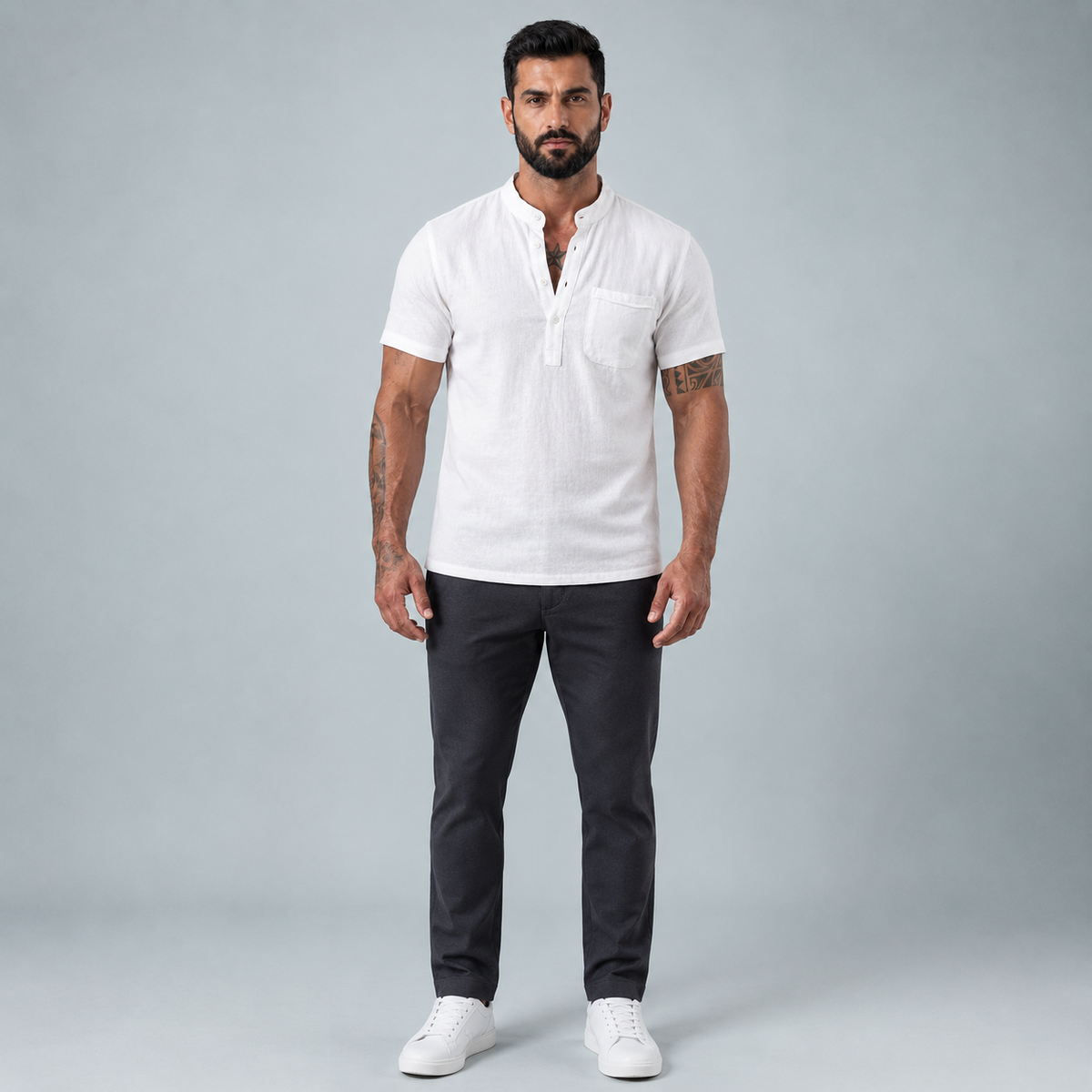 Men's Linen Short Sleeve Shirt Relaxed Fit Black Canvas