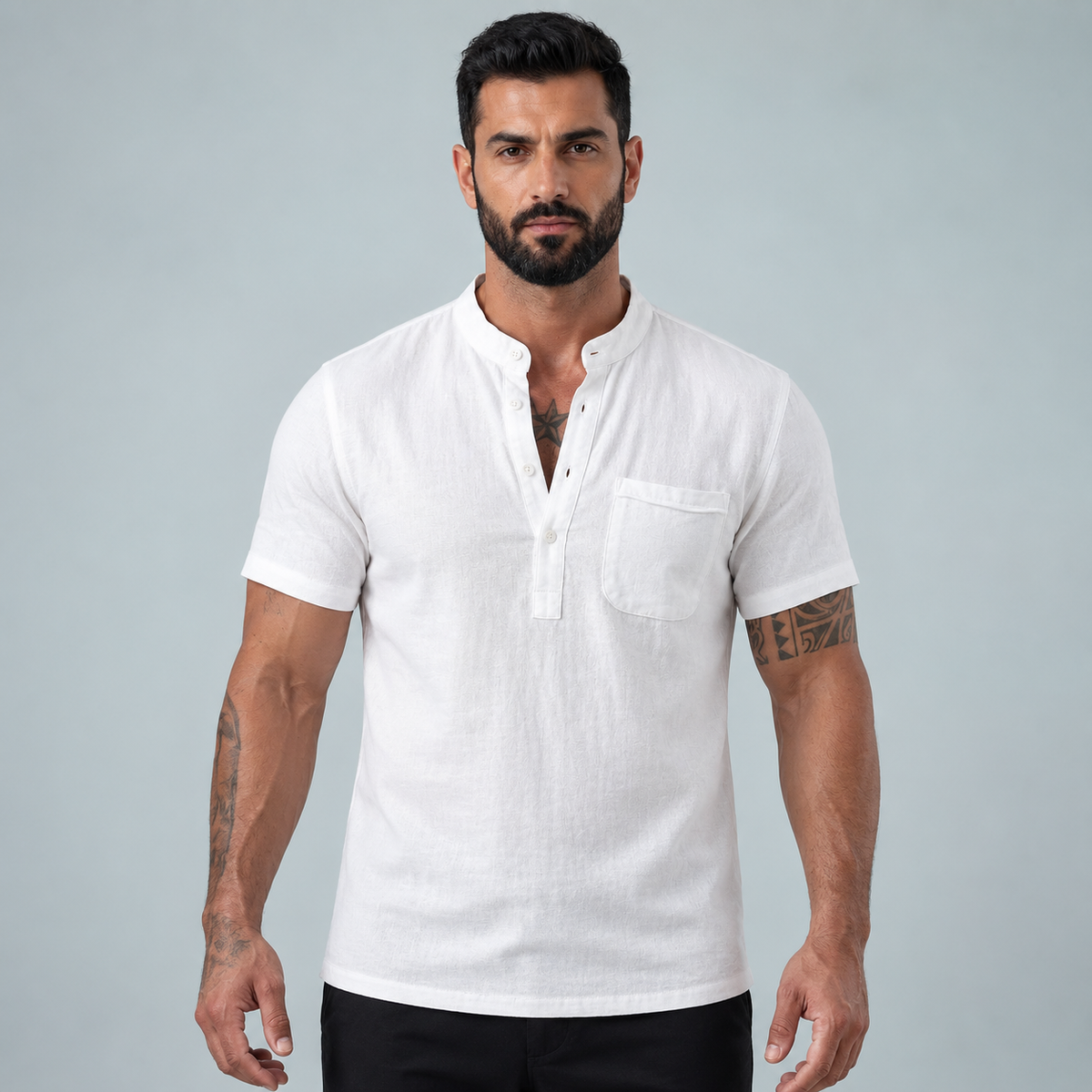 Men's Linen Short Sleeve Shirt Relaxed Fit Black Canvas