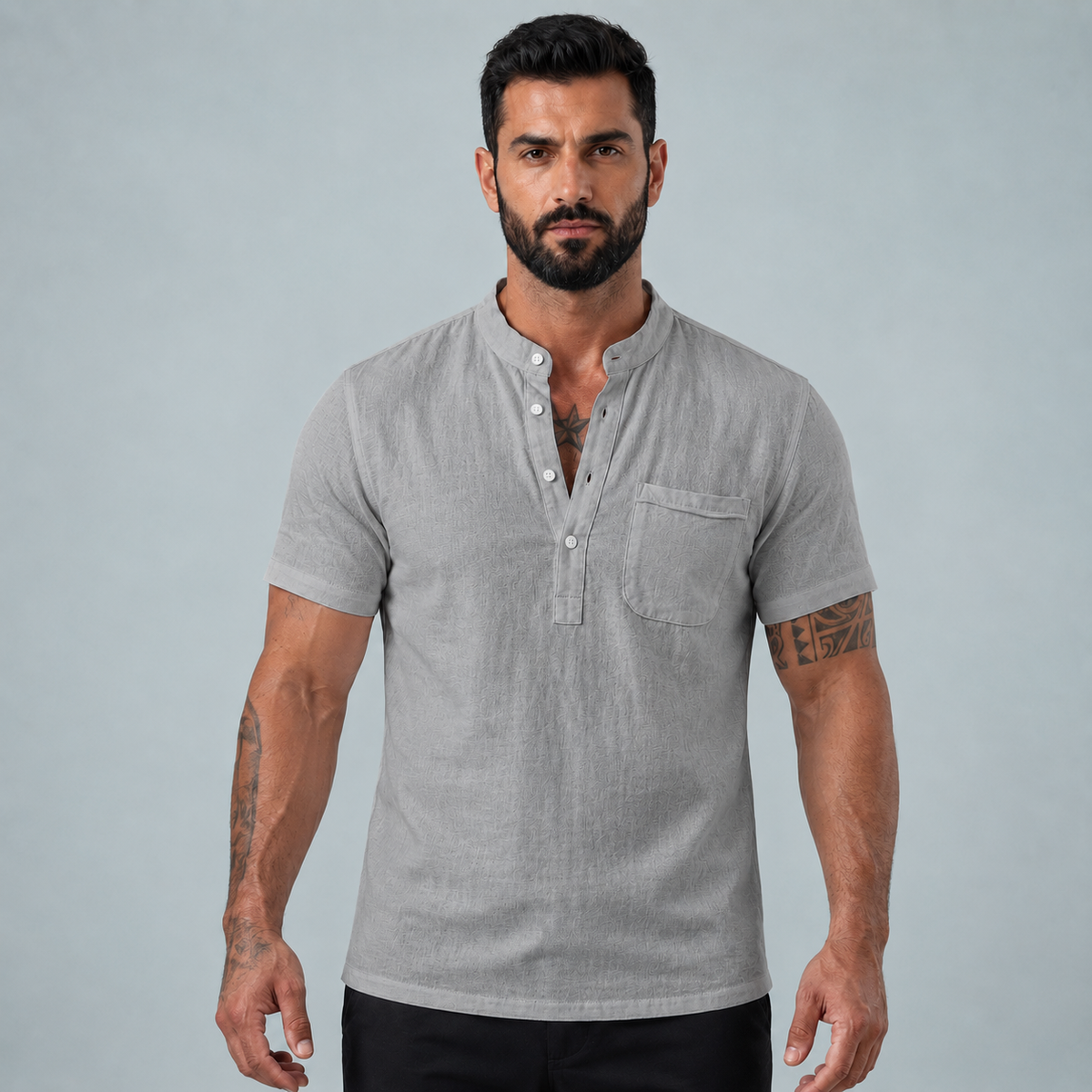 Men's Linen Short Sleeve Shirt Relaxed Fit Black Canvas