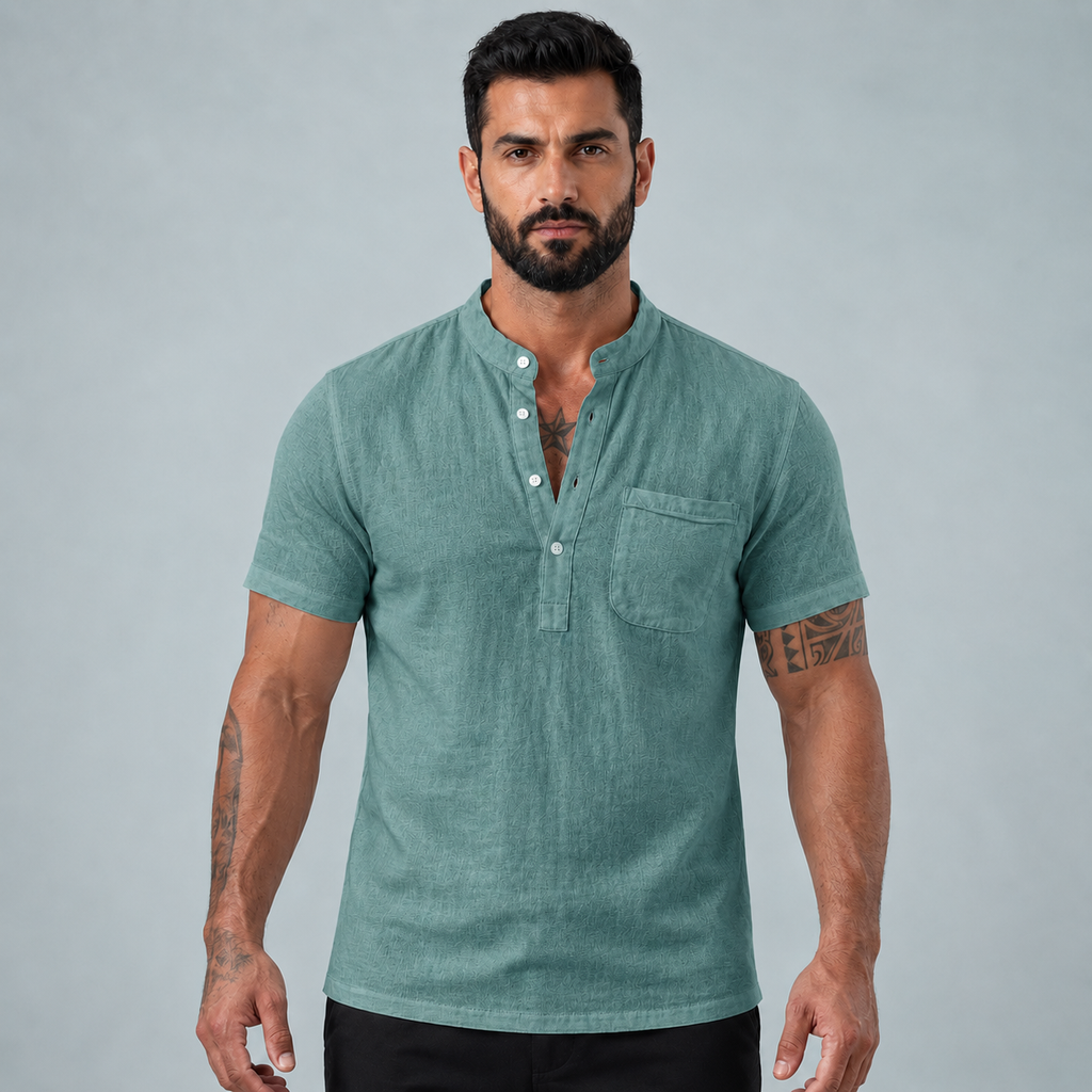 Men's Linen Short Sleeve Shirt Relaxed Fit Black Canvas