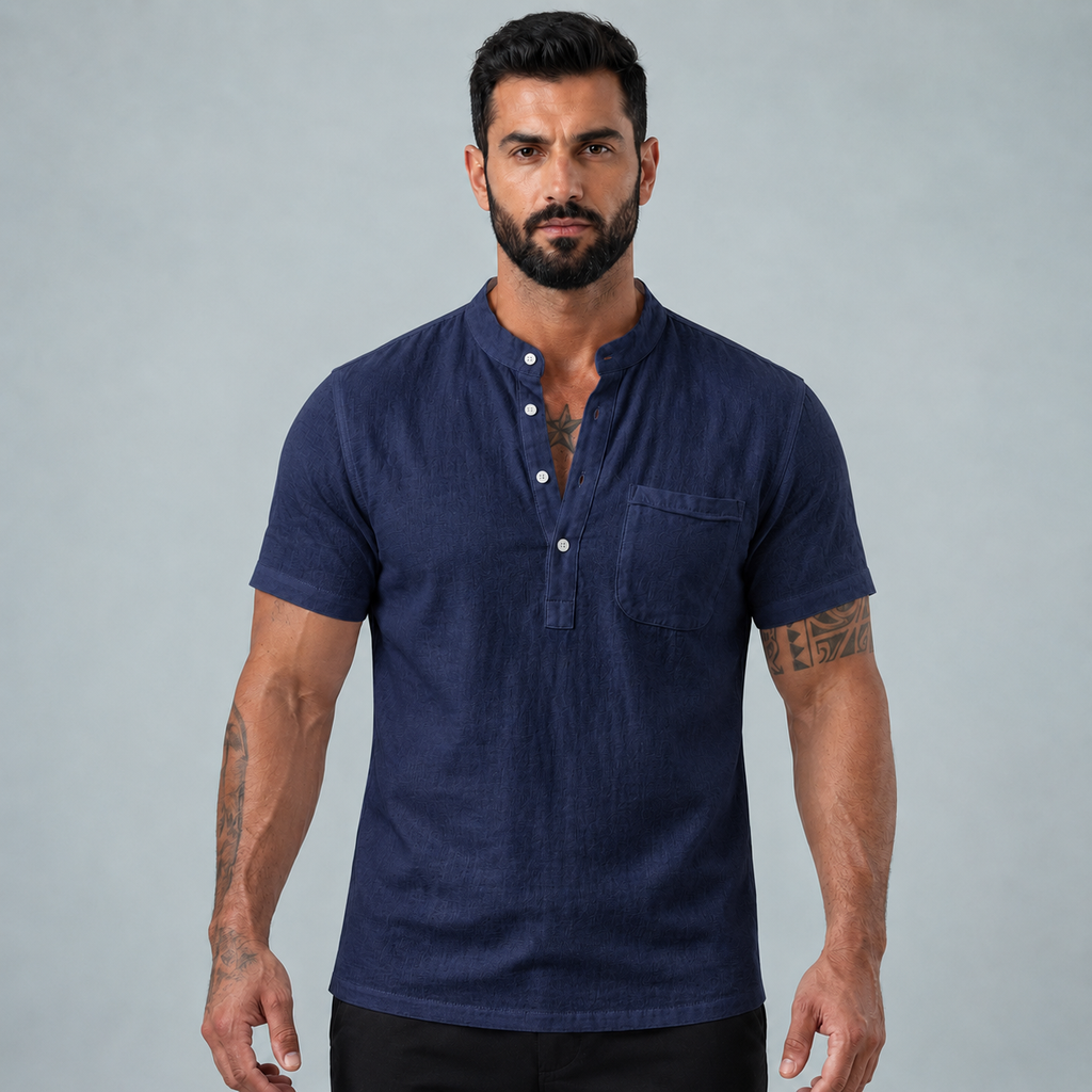 Men's Linen Short Sleeve Shirt Relaxed Fit Black Canvas
