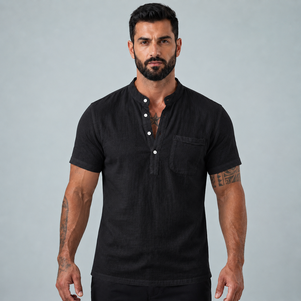 Men's Linen Short Sleeve Shirt Relaxed Fit Black Canvas