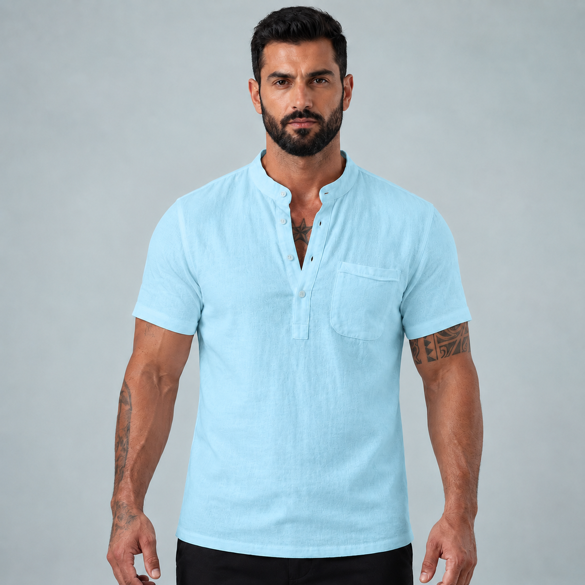 Men's Linen Short Sleeve Shirt Relaxed Fit Black Canvas