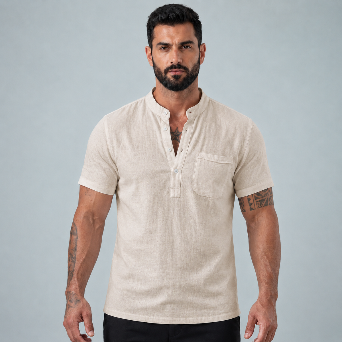 Men's Linen Short Sleeve Shirt Relaxed Fit Black Canvas