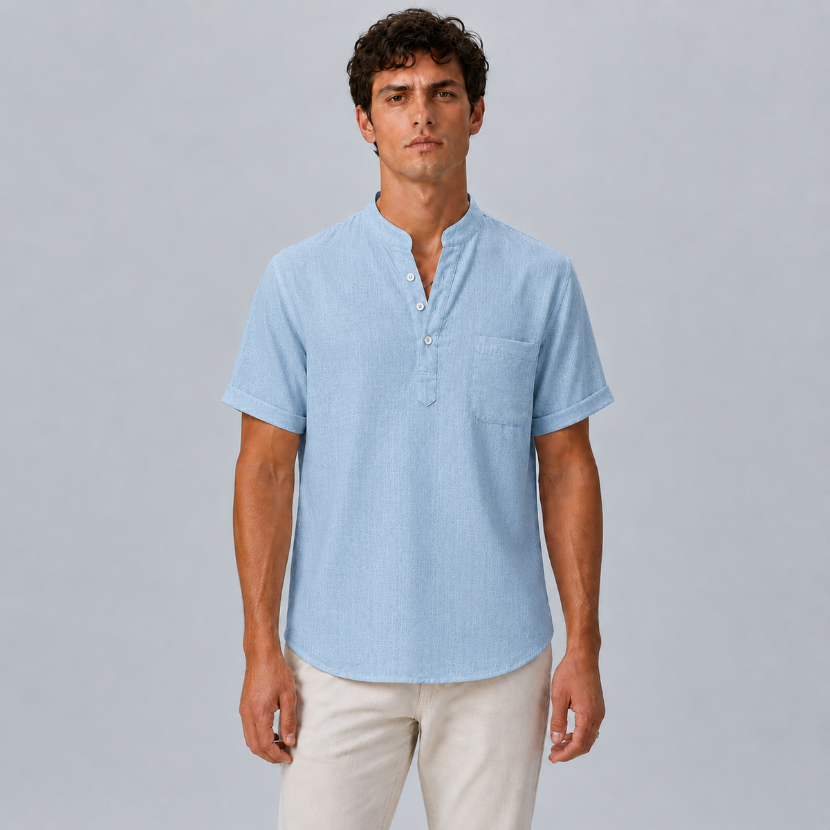 Men's Linen Stand Collar Shirt Black Canvas
