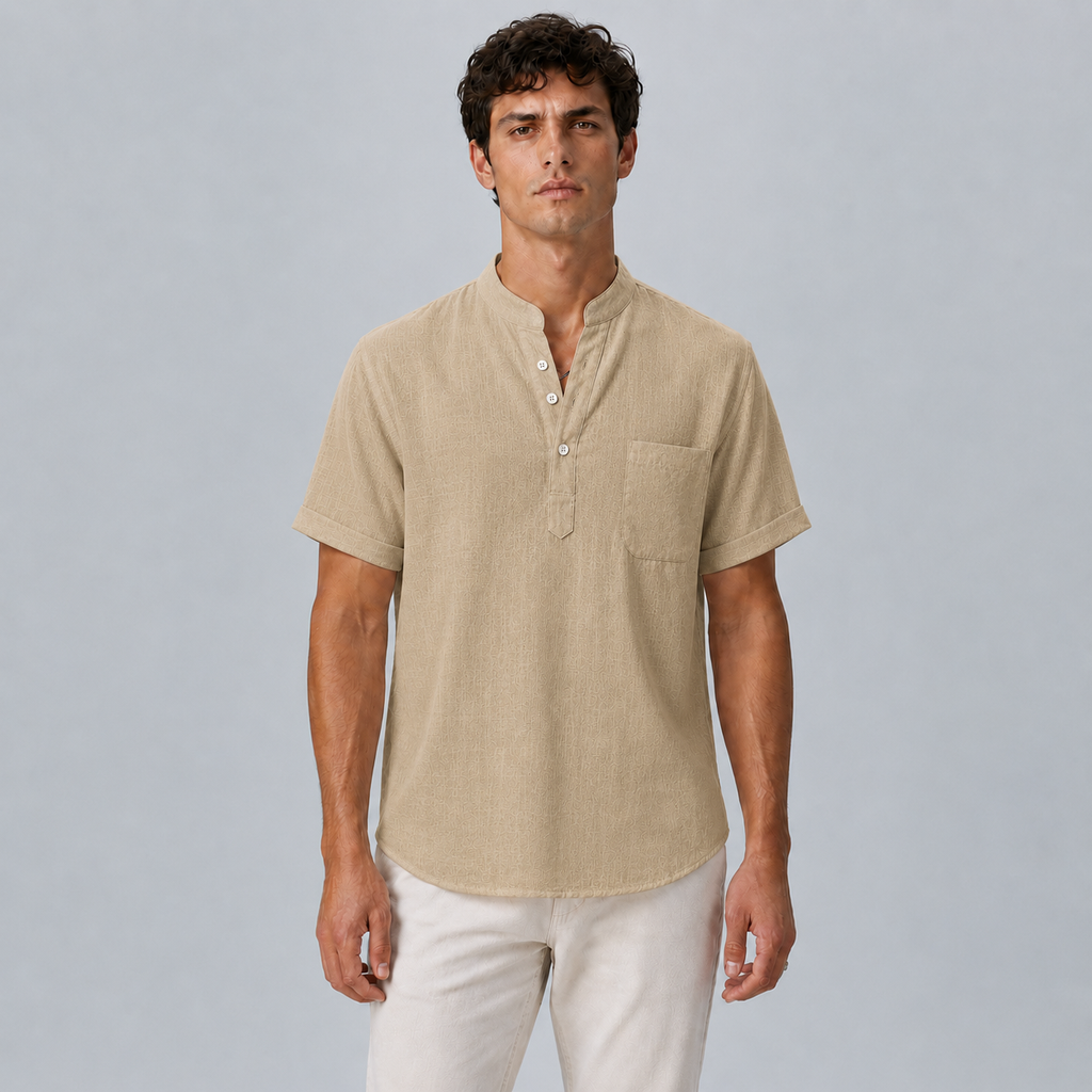 Men's Linen Stand Collar Shirt Black Canvas