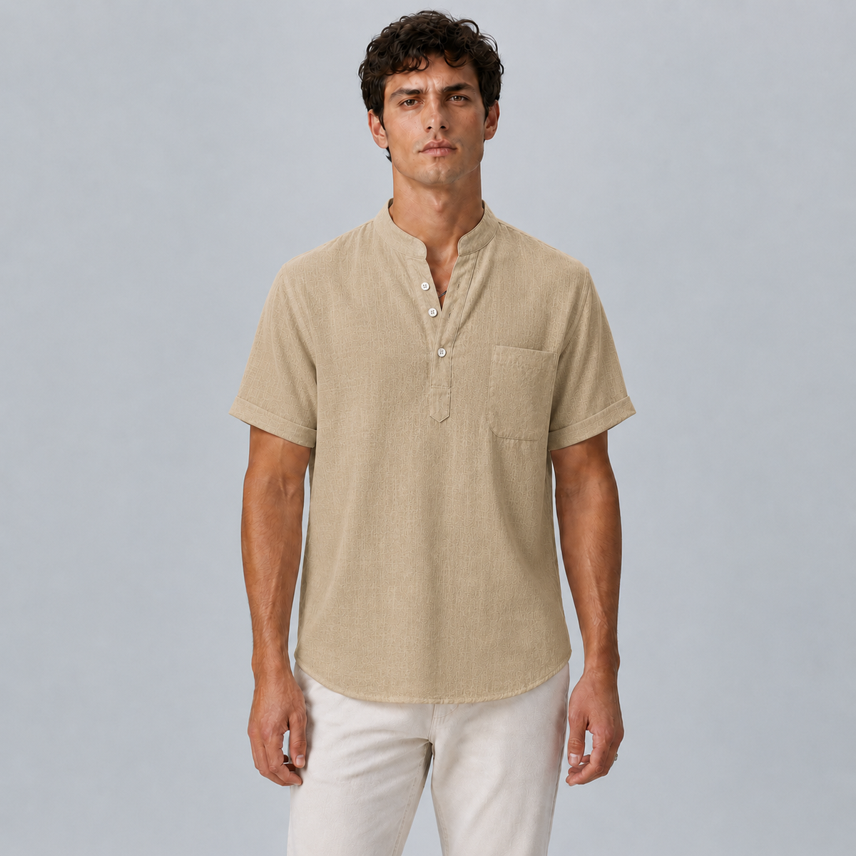Men's Linen Stand Collar Shirt Black Canvas