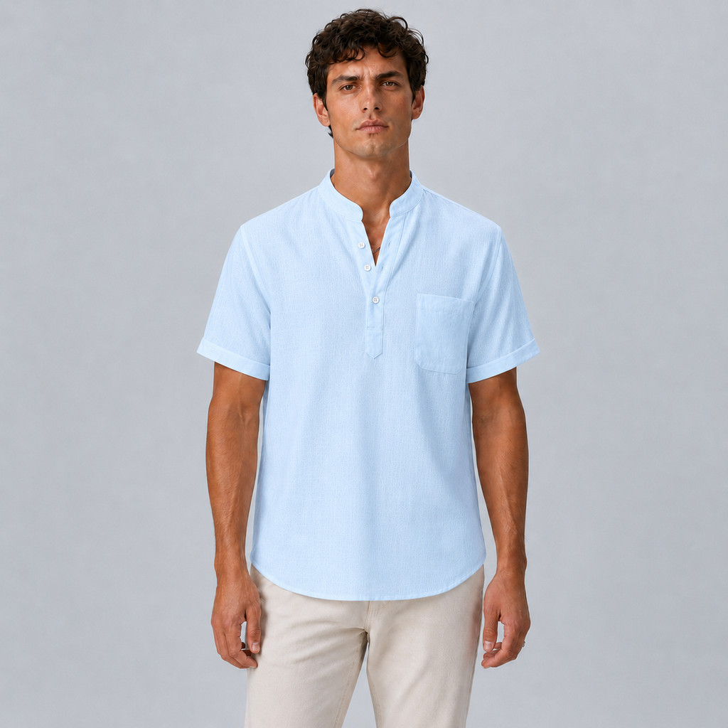 Men's Linen Stand Collar Shirt Black Canvas