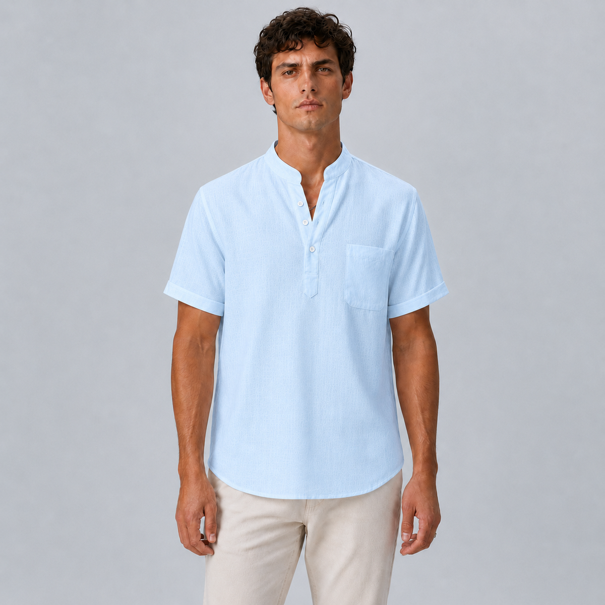 Men's Linen Stand Collar Shirt Black Canvas