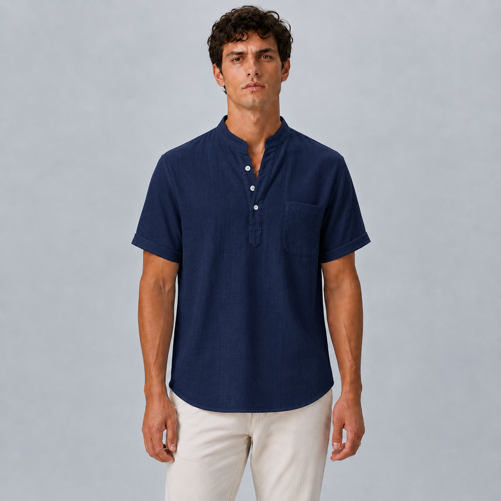 Men's Linen Stand Collar Shirt Black Canvas