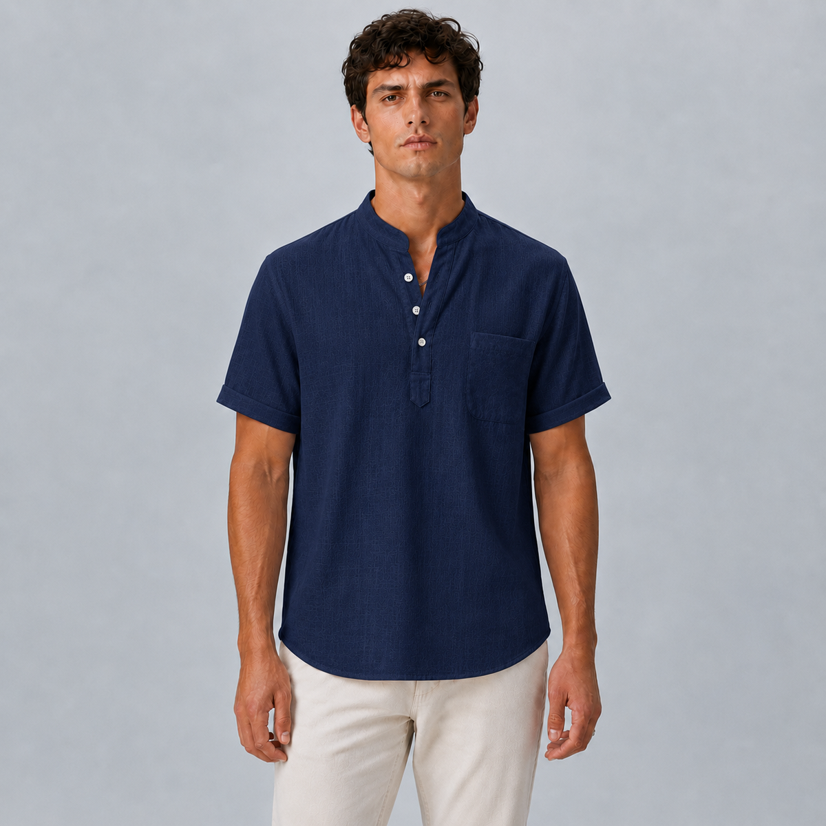 Men's Linen Stand Collar Shirt Black Canvas