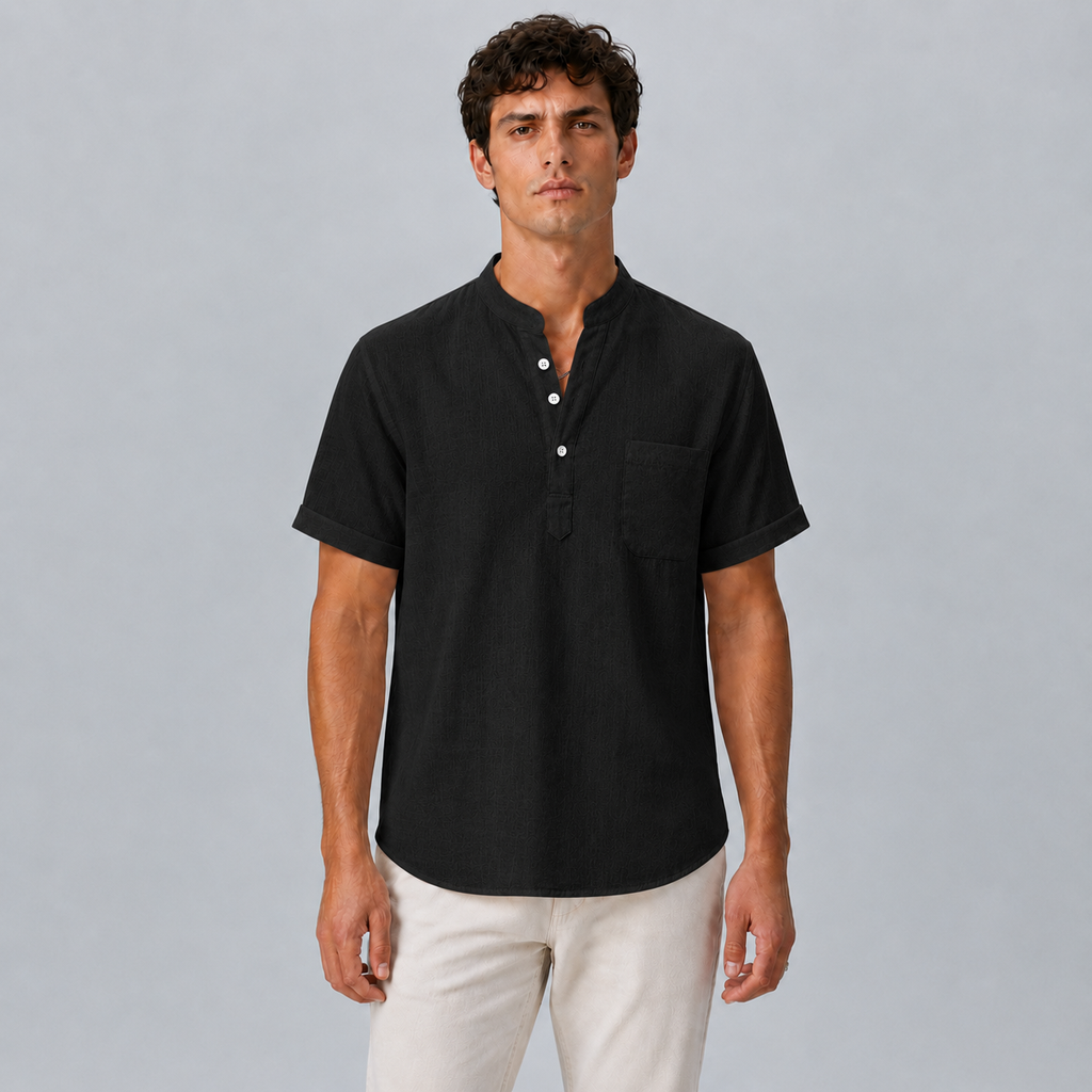 Men's Linen Stand Collar Shirt Black Canvas