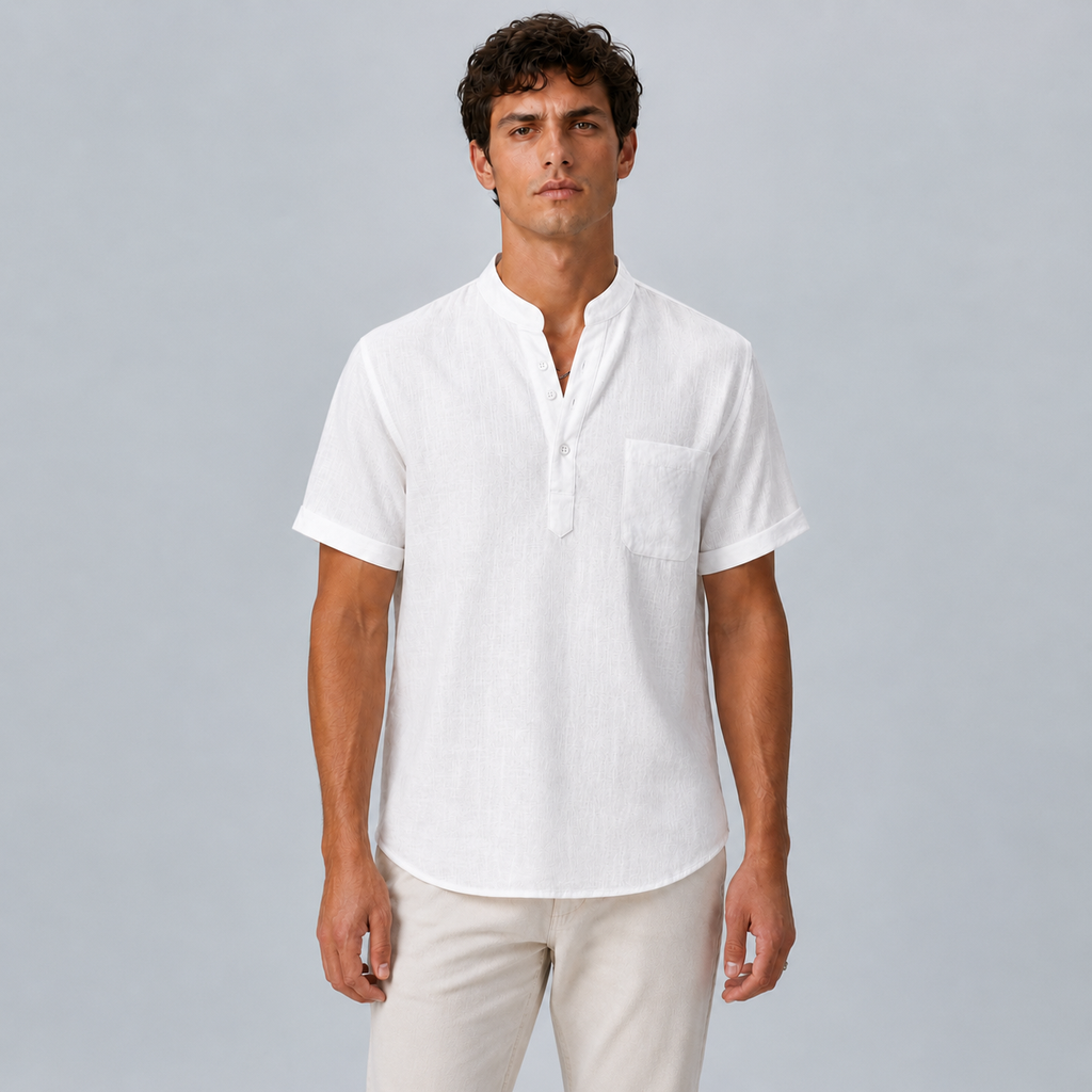 Men's Linen Stand Collar Shirt Black Canvas