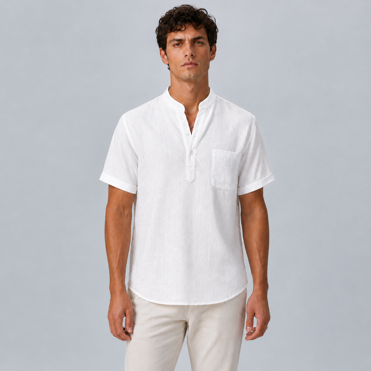 Men's Linen Stand Collar Shirt Black Canvas