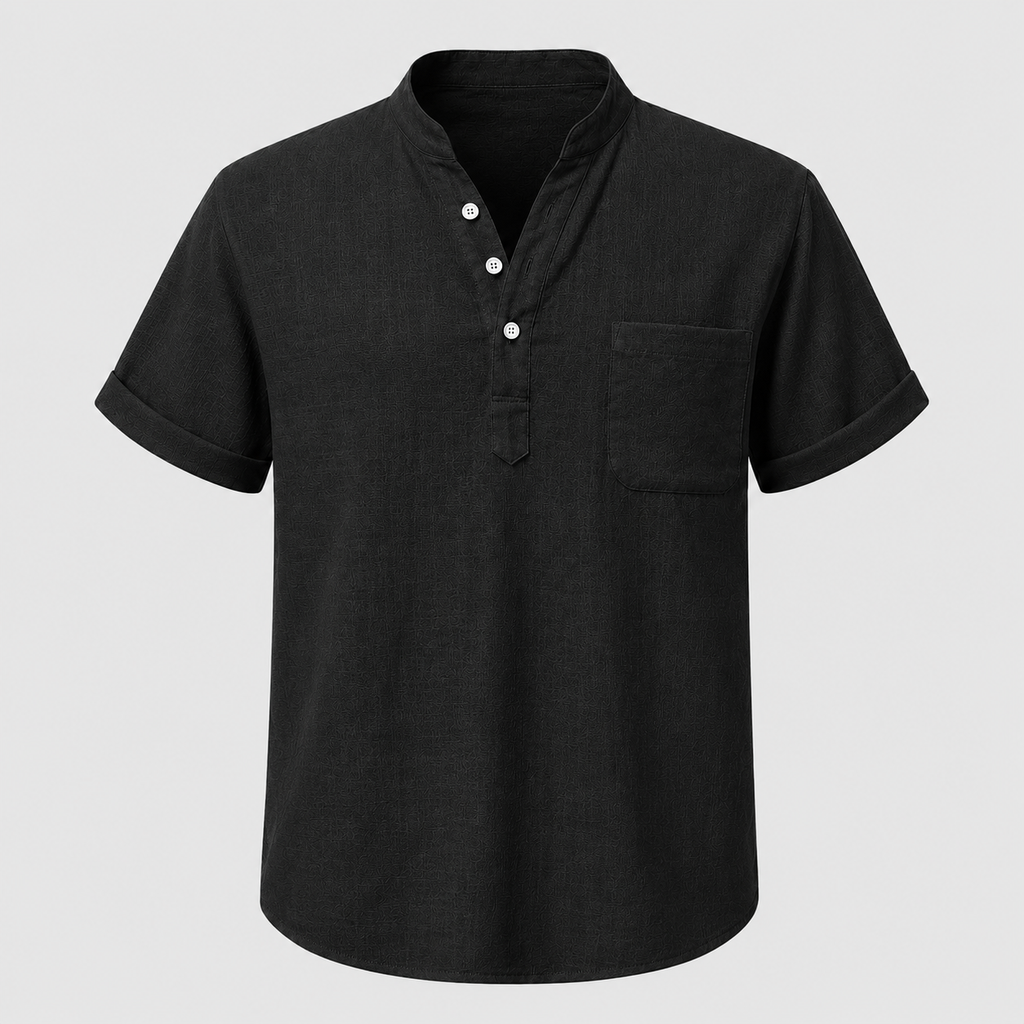 Men's Linen Stand Collar Shirt Black Canvas