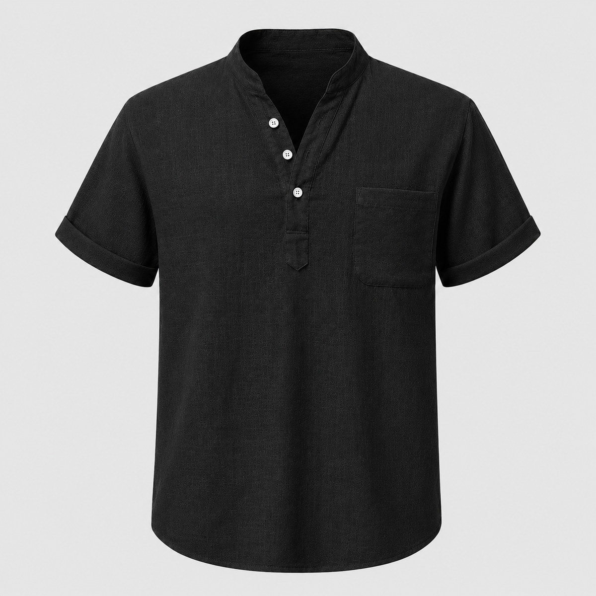 Men's Linen Stand Collar Shirt Black Canvas