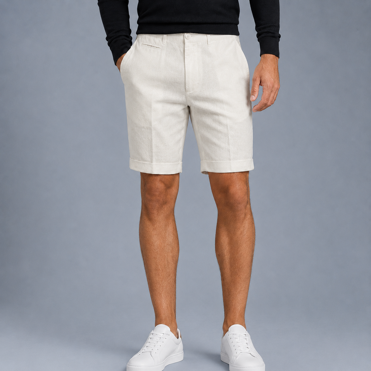 Men's Linen Straight Fit Knee Length Shorts Black Canvas