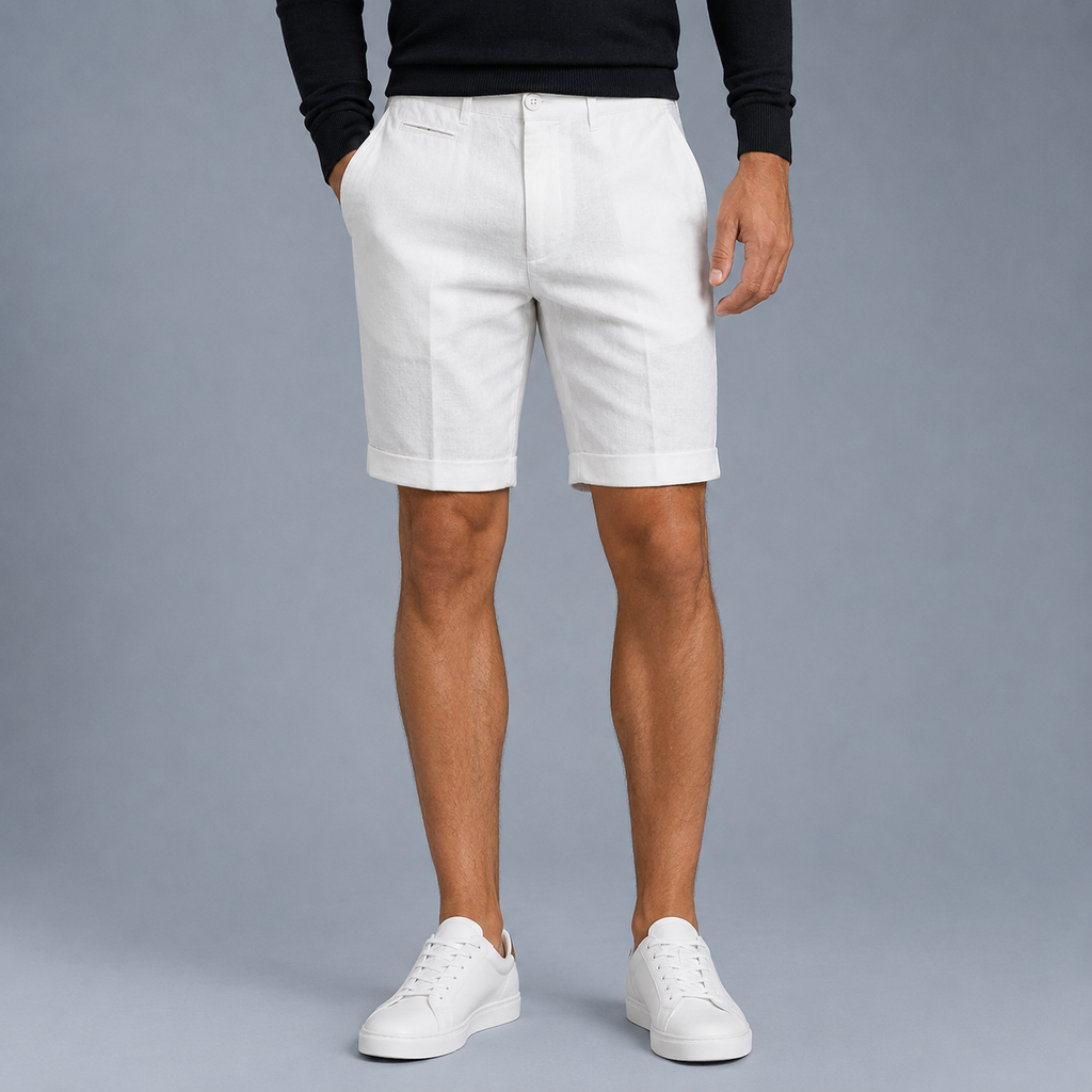 Men's Linen Straight Fit Knee Length Shorts Black Canvas