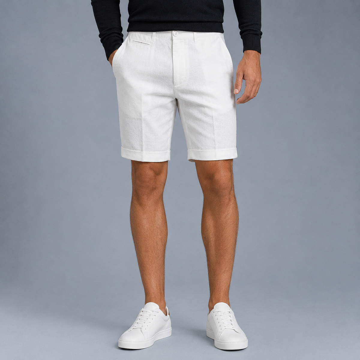 Men's Linen Straight Fit Knee Length Shorts Black Canvas