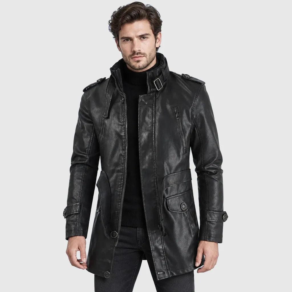 Men's Longline Faux Leather Pile Lined Coat