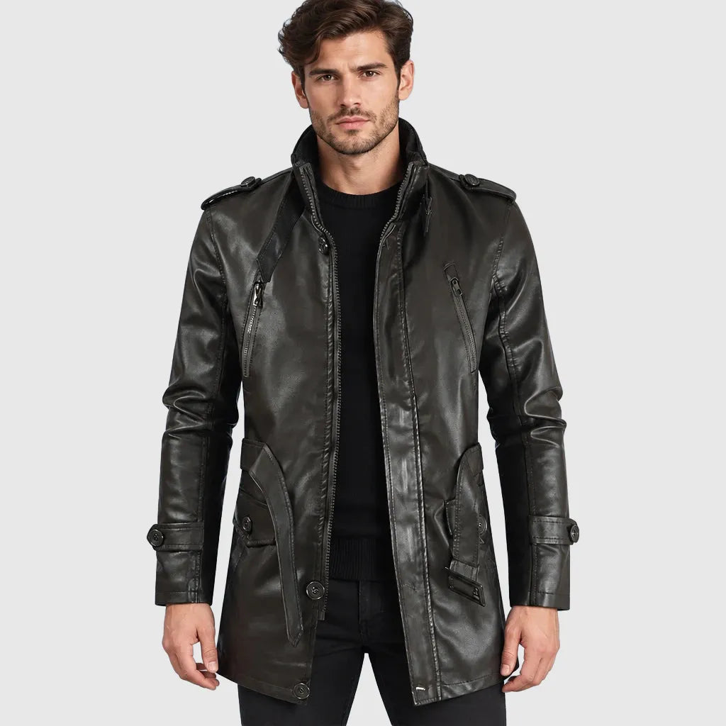 Men's Longline Faux Leather Pile Lined Coat