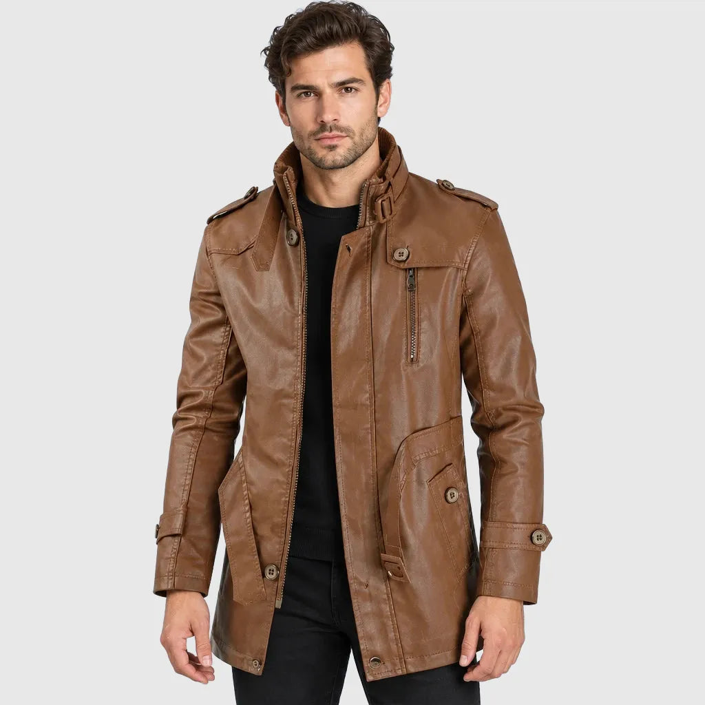 Men's Longline Faux Leather Pile Lined Coat