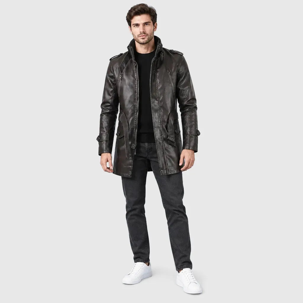 Men's Longline Faux Leather Pile Lined Coat