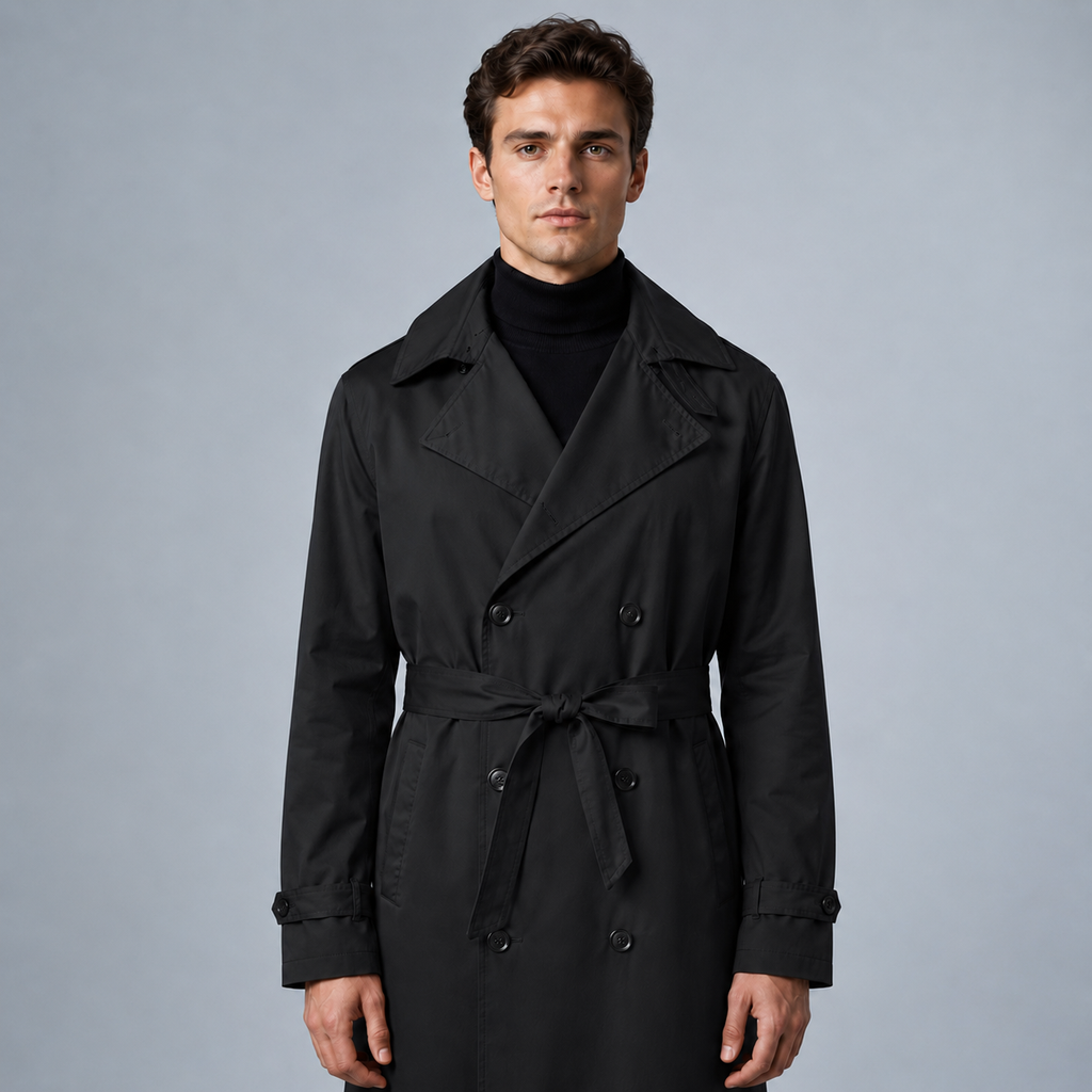 Men's Longline Trench Coat British Style Black Canvas