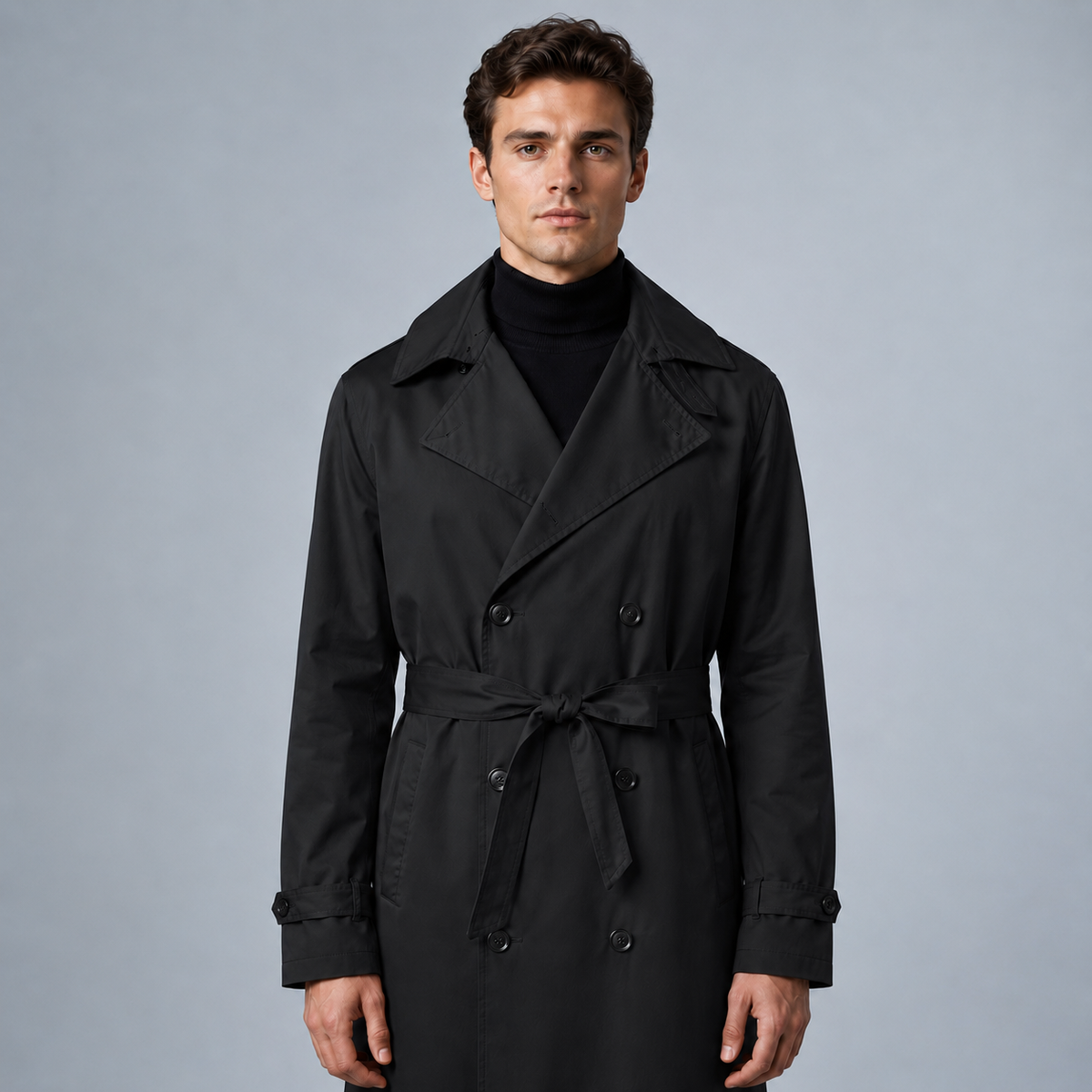 Men's Longline Trench Coat British Style Black Canvas