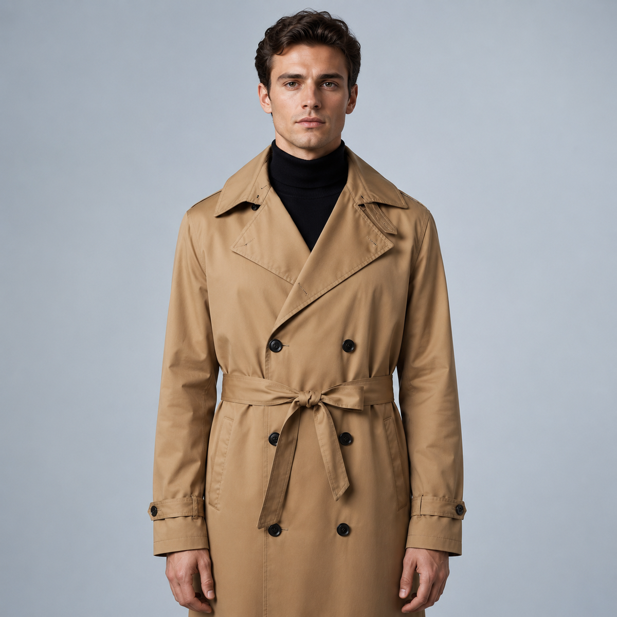 Men's Longline Trench Coat British Style Black Canvas
