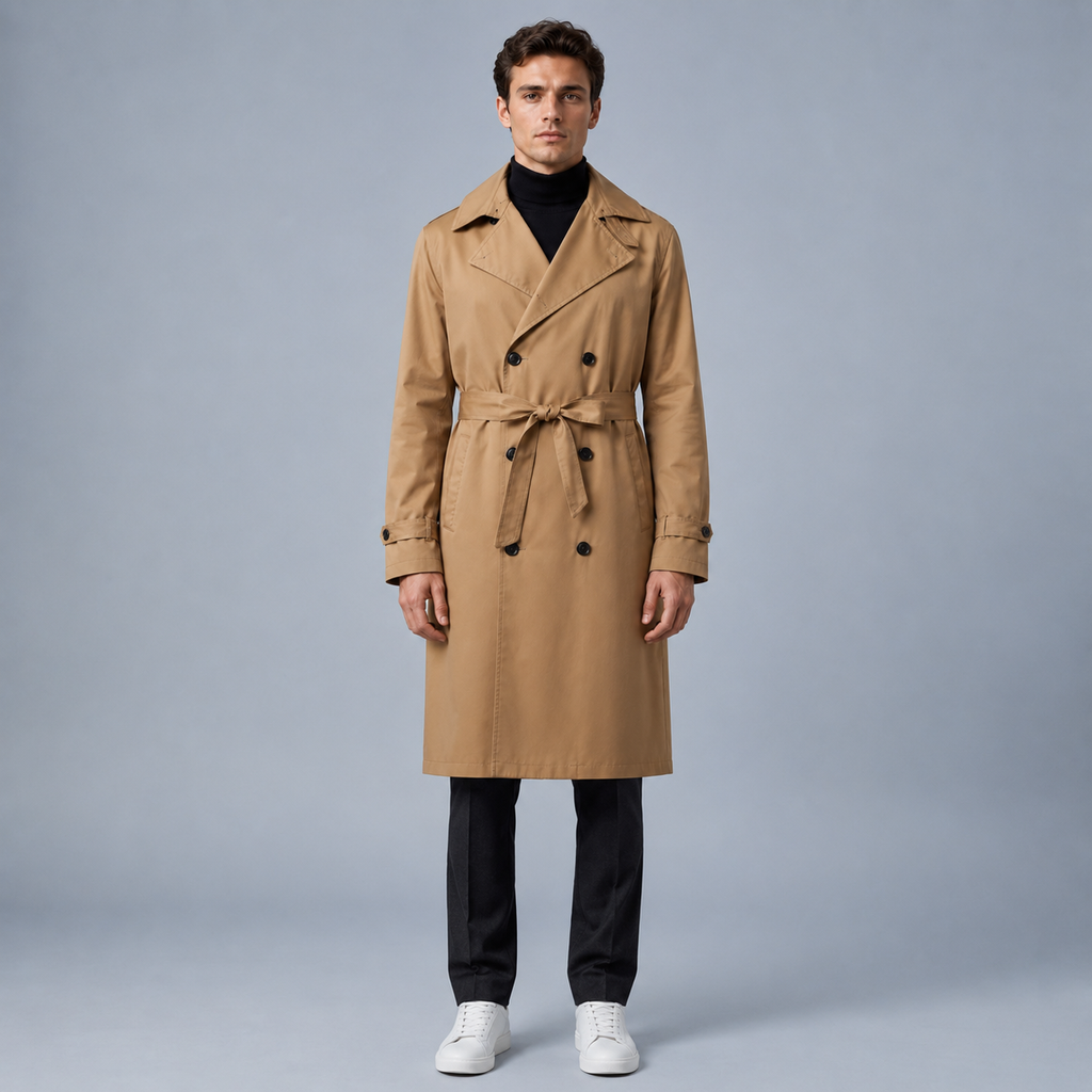 Men's Longline Trench Coat British Style Black Canvas