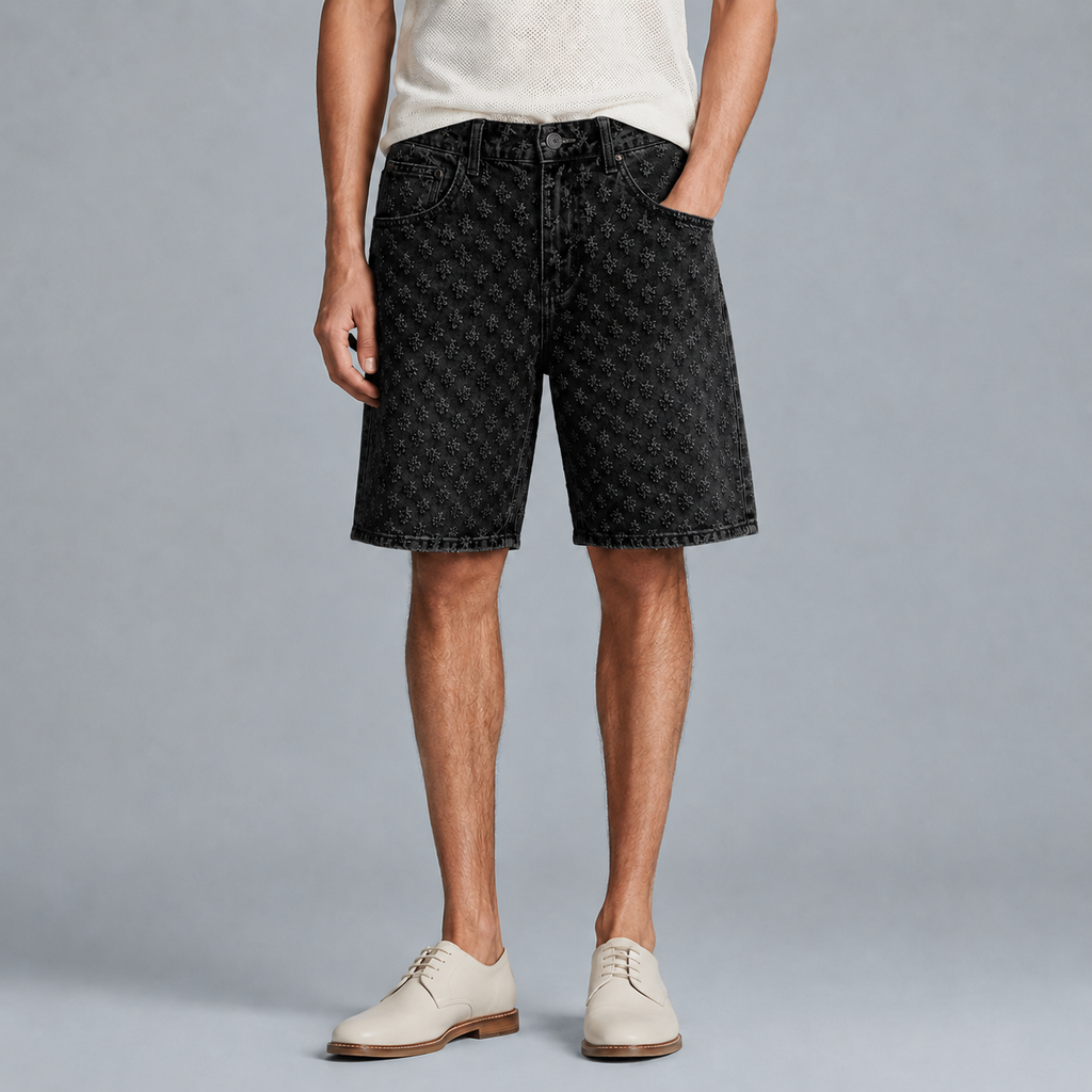 Men's Loose Fit Retro Jacquard Denim Shorts Black Canvas