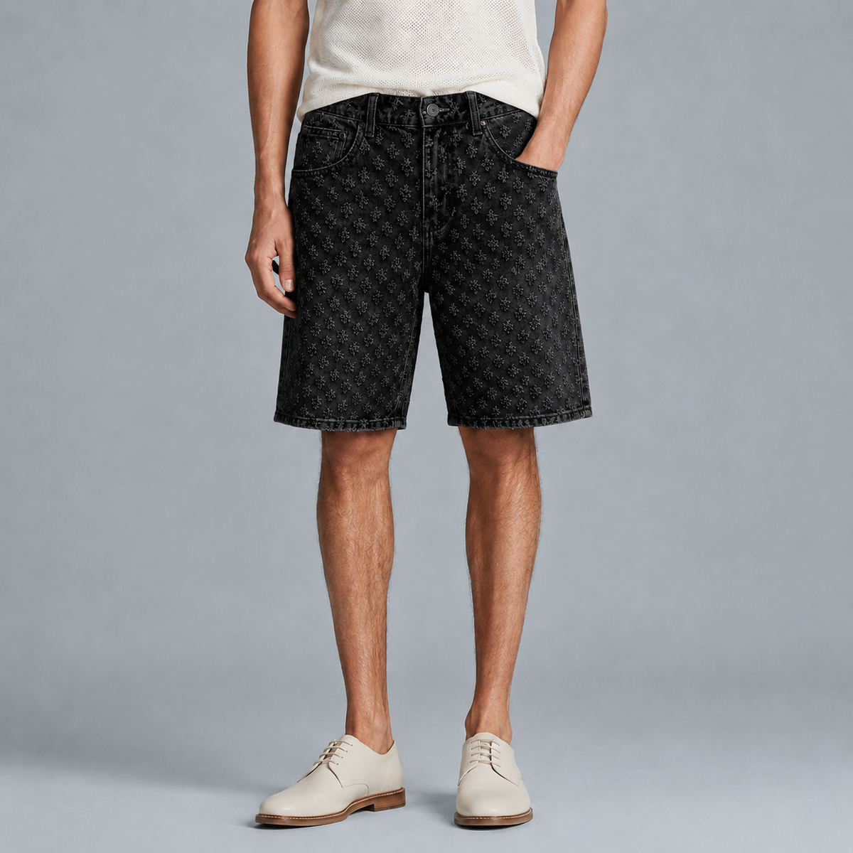 Men's Loose Fit Retro Jacquard Denim Shorts Black Canvas